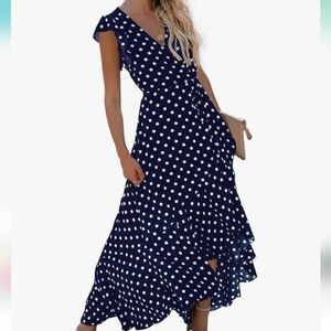 GRECERELLE 2024  Polka -Dots Navy Blue V-Neck Faux Maxi Dress NWT Size 2XL